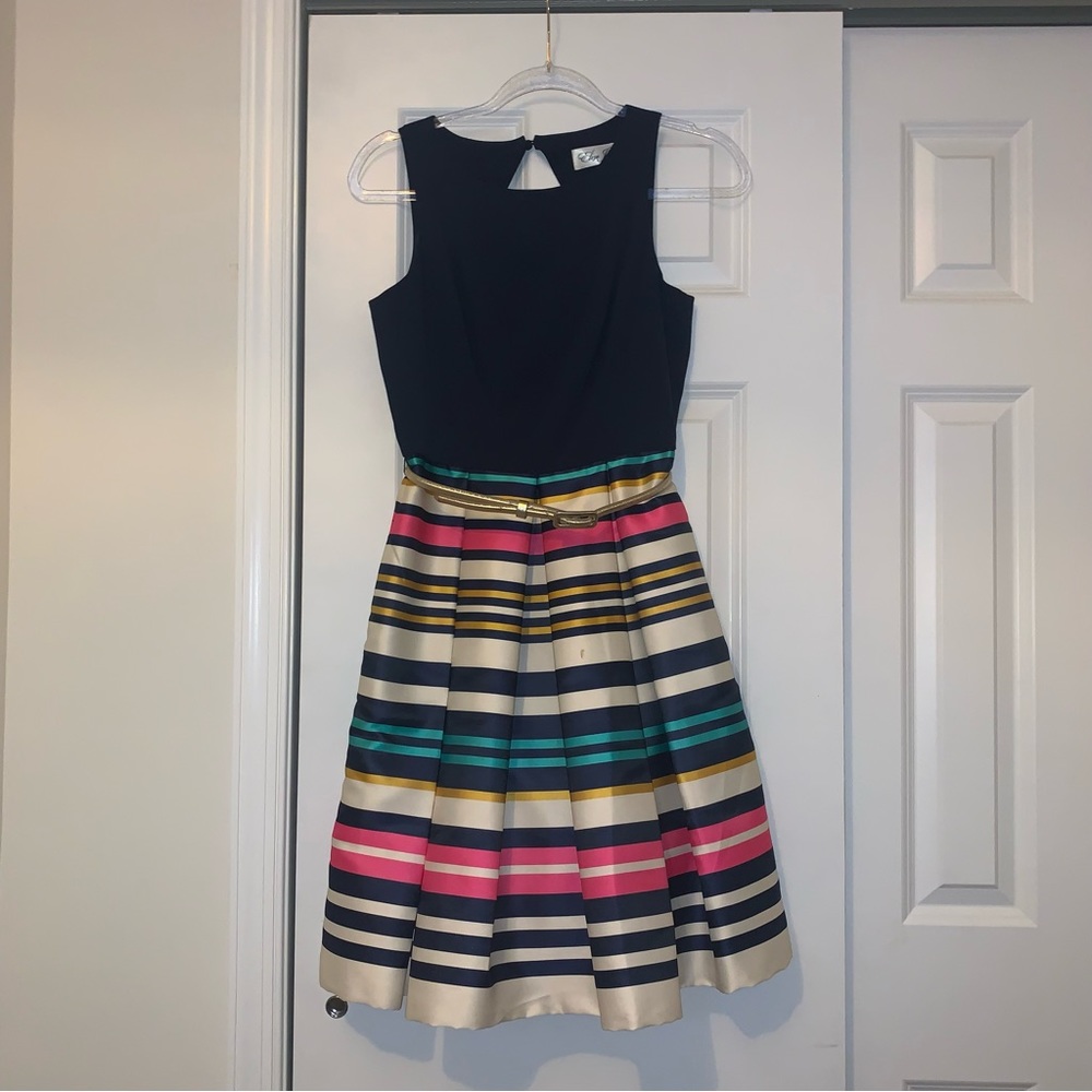 Eliza J Striped Pleated Fit and Flare Dress